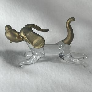 Miniature Figurine Clear Glass Dog with Gold Head and Tail